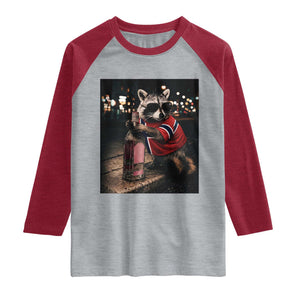 Funny Raccoon Whiskey Sunglasses Norwegian Flag Raglan Shirt Viral Trash Panda Football Texas Souvenir Meme TS14 Heather Gray Heather Red Print Your Wear