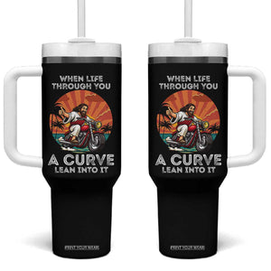 Funny Jesus Christian Motorcycle Tumbler With Handle When Life Throws You A Curve Lean Into It TS14 One Size: 40 oz Black Print Your Wear