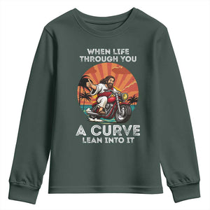 Funny Jesus Christian Motorcycle Youth Sweatshirt When Life Throws You A Curve Lean Into It TS14 Dark Forest Green Print Your Wear