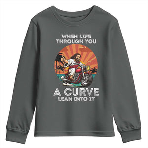Funny Jesus Christian Motorcycle Youth Sweatshirt When Life Throws You A Curve Lean Into It TS14 Dark Heather Print Your Wear