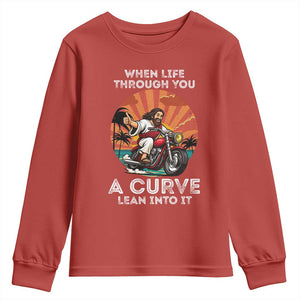 Funny Jesus Christian Motorcycle Youth Sweatshirt When Life Throws You A Curve Lean Into It TS14 Red Print Your Wear