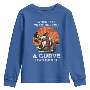 Funny Jesus Christian Motorcycle Youth Sweatshirt When Life Throws You A Curve Lean Into It TS14 Royal Blue Print Your Wear