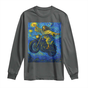 Funny Jesus Christian Motorcycle Long Sleeve Shirt Starry Night Van Gogh Biker TS14 Dark Heather Print Your Wear