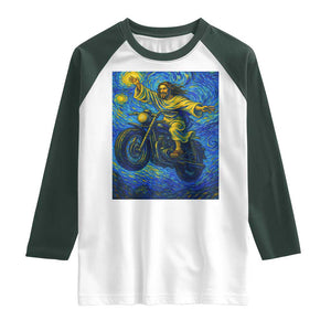 Funny Jesus Christian Motorcycle Raglan Shirt Starry Night Van Gogh Biker TS14 White Dark Forest Green Print Your Wear