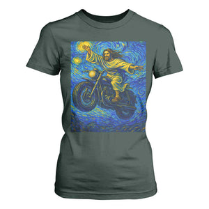 Funny Jesus Christian Motorcycle T Shirt For Women Starry Night Van Gogh Biker TS14 Dark Forest Green Print Your Wear