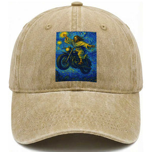 Funny Jesus Christian Motorcycle Washed Cotton Baseball Cap Starry Night Van Gogh Biker TS14 Washed Cap Universal Fit Khaki Print Your Wear