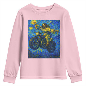 Funny Jesus Christian Motorcycle Youth Sweatshirt Starry Night Van Gogh Biker TS14 Light Pink Print Your Wear