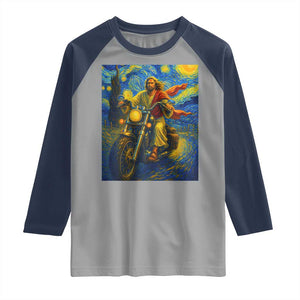 Jesus Christian Motorcycle Starry Night Van Gogh Raglan Shirt TS14 Sport Gray Navy Print Your Wear