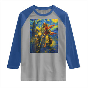 Jesus Christian Motorcycle Starry Night Van Gogh Raglan Shirt TS14 Sport Gray Royal Print Your Wear