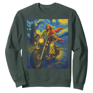 Jesus Christian Motorcycle Starry Night Van Gogh Sweatshirt TS14 Dark Forest Green Print Your Wear