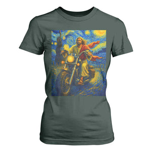 Jesus Christian Motorcycle Starry Night Van Gogh T Shirt For Women TS14 Dark Forest Green Print Your Wear