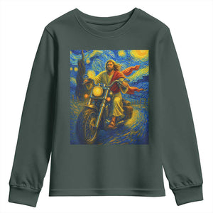 Jesus Christian Motorcycle Starry Night Van Gogh Youth Sweatshirt TS14 Dark Forest Green Print Your Wear