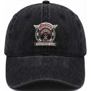 Native American Indian Chief Skull Motorcycle Headdress Washed Cotton Baseball Cap TS14 Washed Cap Universal Fit Black Print Your Wear