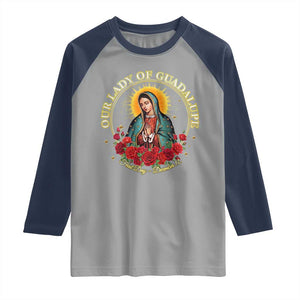 Virgen De Guadalupe Catholic Raglan Shirt Our Lady Of Guadalupe TS14 Sport Gray Navy Print Your Wear