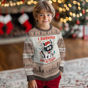I Survived 67 Days Of School Cat Meme Ugly Christmas Sweater Funny Xmas Six Seven Meme TS14 Mocha Mousse Print Your Wear