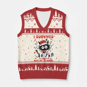 I Survived 67 Days Of School Cat Meme V-Neck Knit Sweater Vest Funny Xmas Six Seven Meme TS14 Beige Red Print Your Wear