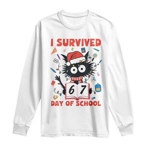 I Survived 67 Days Of School Cat Meme Long Sleeve Shirt Funny Christmas Six Seven Meme TS14 White Print Your Wear