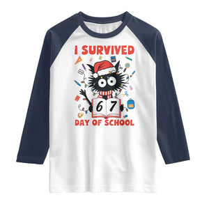 I Survived 67 Days Of School Cat Meme Raglan Shirt Funny Christmas Six Seven Meme TS14 White Navy Print Your Wear
