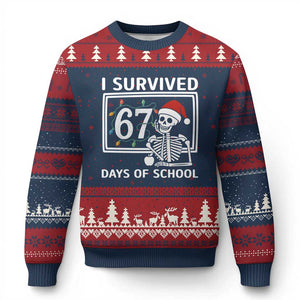 I Survived 67 Days Of School Skeleton Ugly Christmas Sweater Funny Xmas Six Seven Meme TS14 Navy Red Print Your Wear