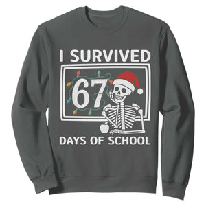 I Survived 67 Days Of School Skeleton Sweatshirt Funny Christmas Six Seven Meme TS14 Dark Heather Print Your Wear