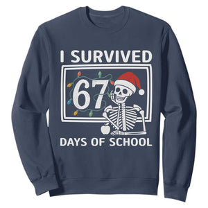 I Survived 67 Days Of School Skeleton Sweatshirt Funny Christmas Six Seven Meme TS14 Navy Print Your Wear