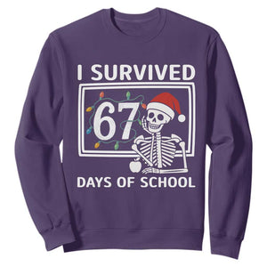 I Survived 67 Days Of School Skeleton Sweatshirt Funny Christmas Six Seven Meme TS14 Purple Print Your Wear