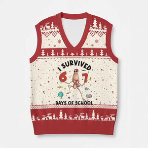 Marcus The Worm 67 Days of School V-Neck Knit Sweater Vest I Survived Funny Six Seven Meme Xmas Vibe TS14 Beige Red Print Your Wear