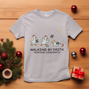 Funny Christian Goose Christmas T Shirt Walking By Faith Tripping Constantly TS14 Ice Gray Print Your Wear