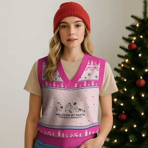 Funny Christian Goose Xmas V-Neck Knit Sweater Vest Walking By Faith Tripping Constantly TS14 Hot Pink Print Your Wear