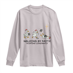 Funny Christian Goose Christmas Long Sleeve Shirt Walking By Faith Tripping Constantly TS14 Ice Gray Print Your Wear