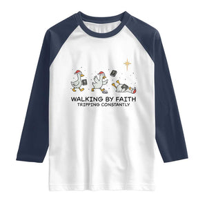 Funny Christian Goose Christmas Raglan Shirt Walking By Faith Tripping Constantly TS14 White Navy Print Your Wear