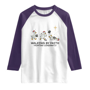Funny Christian Goose Christmas Raglan Shirt Walking By Faith Tripping Constantly TS14 White Purple Print Your Wear