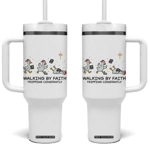 Funny Christian Goose Christmas Tumbler With Handle Walking By Faith Tripping Constantly TS14 One Size: 40 oz White Print Your Wear