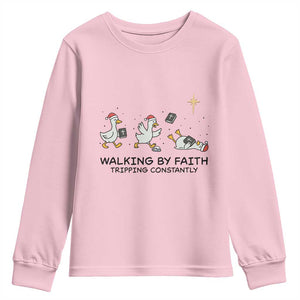 Funny Christian Goose Christmas Youth Sweatshirt Walking By Faith Tripping Constantly TS14 Light Pink Print Your Wear