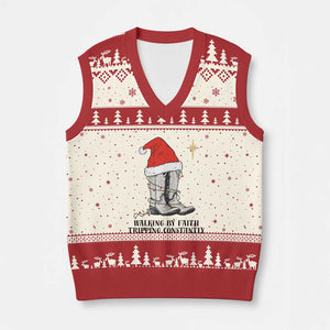 Western Christian Cowboy V-Neck Knit Sweater Vest Walking By Faith Tripping Constantly TS14 Beige Red Print Your Wear