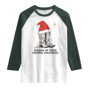 Western Christian Cowboy Raglan Shirt Walking By Faith Tripping Constantly TS14 White Dark Forest Green Print Your Wear