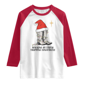Western Christian Cowboy Raglan Shirt Walking By Faith Tripping Constantly TS14 White Red Print Your Wear