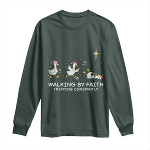 Christian Goose Christmas Long Sleeve Shirt Walking By Faith Tripping Constantly Funny Quote TS14 Dark Forest Green Print Your Wear