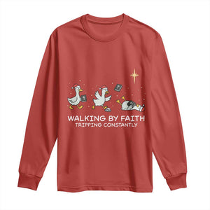 Christian Goose Christmas Long Sleeve Shirt Walking By Faith Tripping Constantly Funny Quote TS14 Red Print Your Wear