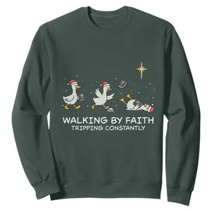 Christian Goose Christmas Sweatshirt Walking By Faith Tripping Constantly Funny Quote TS14 Dark Forest Green Print Your Wear