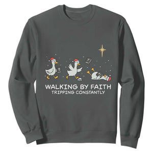 Christian Goose Christmas Sweatshirt Walking By Faith Tripping Constantly Funny Quote TS14 Dark Heather Print Your Wear