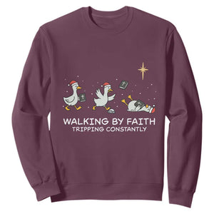 Christian Goose Christmas Sweatshirt Walking By Faith Tripping Constantly Funny Quote TS14 Maroon Print Your Wear