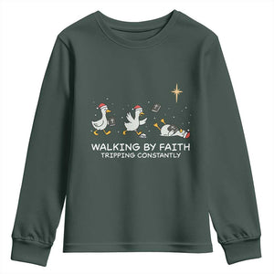 Christian Goose Christmas Youth Sweatshirt Walking By Faith Tripping Constantly Funny Quote TS14 Dark Forest Green Print Your Wear
