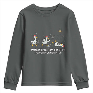 Christian Goose Christmas Youth Sweatshirt Walking By Faith Tripping Constantly Funny Quote TS14 Dark Heather Print Your Wear
