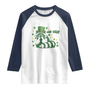 AUR Naur Raccoon St Patricks Day Meme Raglan Shirt Funny Sarcastic Oh No Australian Accent TS14 White Navy Print Your Wear