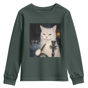 Funny Stoner Cat Youth Sweatshirt 420 Stoner Smoking Cat Cannabis Lover Meme TS14 Dark Forest Green Print Your Wear