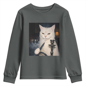 Funny Stoner Cat Youth Sweatshirt 420 Stoner Smoking Cat Cannabis Lover Meme TS14 Dark Heather Print Your Wear