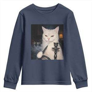 Funny Stoner Cat Youth Sweatshirt 420 Stoner Smoking Cat Cannabis Lover Meme TS14 Navy Print Your Wear