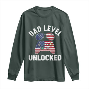 Dad Level Unlocked Long Sleeve Shirt New Dad Gamer American Flag 4th of July TS14 Dark Forest Green Print Your Wear