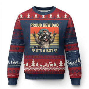 Proud New Dad It's A Boy Ugly Christmas Sweater Funny Raccoon Humor Father's Day TS14 Navy Red Print Your Wear